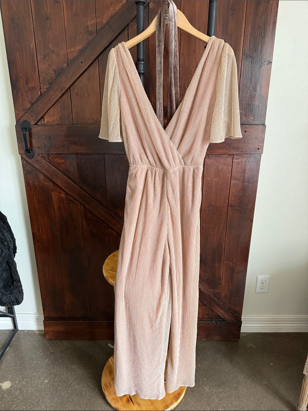 Adelyn Rae Blush Pink Metallic Wrap Jumpsuit